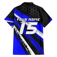 Custom Blue Motocross Family Matching Short Sleeve Bodycon Dress and Hawaiian Shirt with Dirt Bike Rider Graphic Design on Honeycomb Pattern - Wonder Print Shop