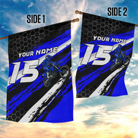 Custom Blue Motocross Garden Flag with Dirt Bike Rider Graphic Design on Honeycomb Pattern - Wonder Print Shop