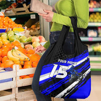 Custom Blue Motocross Grocery Bag with Dirt Bike Rider Graphic Design on Honeycomb Pattern - Wonder Print Shop