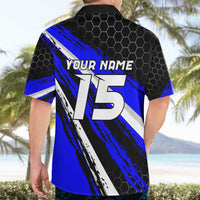 Custom Blue Motocross Hawaiian Shirt with Dirt Bike Rider Graphic Design on Honeycomb Pattern - Wonder Print Shop