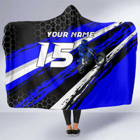 Custom Blue Motocross Hooded Blanket with Dirt Bike Rider Graphic Design on Honeycomb Pattern - Wonder Print Shop