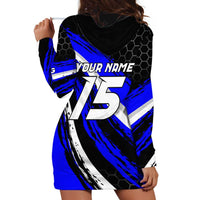 Custom Blue Motocross Hoodie Dress with Dirt Bike Rider Graphic Design on Honeycomb Pattern - Wonder Print Shop