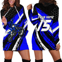 Custom Blue Motocross Hoodie Dress with Dirt Bike Rider Graphic Design on Honeycomb Pattern - Wonder Print Shop