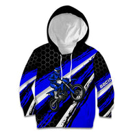 Custom Blue Motocross Kid Hoodie with Dirt Bike Rider Graphic Design on Honeycomb Pattern - Wonder Print Shop