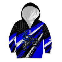 Custom Blue Motocross Kid Hoodie with Dirt Bike Rider Graphic Design on Honeycomb Pattern - Wonder Print Shop