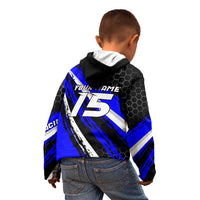 Custom Blue Motocross Kid Hoodie with Dirt Bike Rider Graphic Design on Honeycomb Pattern - Wonder Print Shop