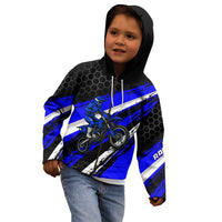Custom Blue Motocross Kid Hoodie with Dirt Bike Rider Graphic Design on Honeycomb Pattern - Wonder Print Shop