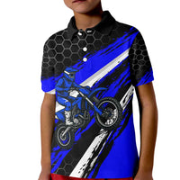 Custom Blue Motocross Kid Polo Shirt with Dirt Bike Rider Graphic Design on Honeycomb Pattern - Wonder Print Shop