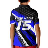 Custom Blue Motocross Kid Polo Shirt with Dirt Bike Rider Graphic Design on Honeycomb Pattern - Wonder Print Shop