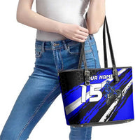 Custom Blue Motocross Leather Tote Bag with Dirt Bike Rider Graphic Design on Honeycomb Pattern - Wonder Print Shop