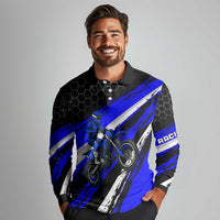 Custom Blue Motocross Long Sleeve Polo Shirt with Dirt Bike Rider Graphic Design on Honeycomb Pattern - Wonder Print Shop