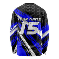 Custom Blue Motocross Long Sleeve Shirt with Dirt Bike Rider Graphic Design on Honeycomb Pattern - Wonder Print Shop
