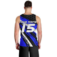 Custom Blue Motocross Men Tank Top with Dirt Bike Rider Graphic Design on Honeycomb Pattern - Wonder Print Shop