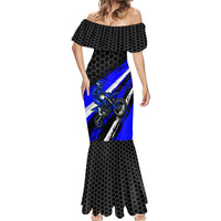 Custom Blue Motocross Mermaid Dress with Dirt Bike Rider Graphic Design on Honeycomb Pattern - Wonder Print Shop