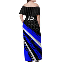 Custom Blue Motocross Off Shoulder Maxi Dress with Dirt Bike Rider Graphic Design on Honeycomb Pattern - Wonder Print Shop