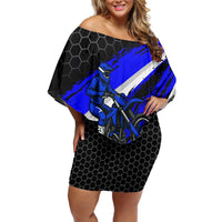Custom Blue Motocross Off Shoulder Short Dress with Dirt Bike Rider Graphic Design on Honeycomb Pattern - Wonder Print Shop