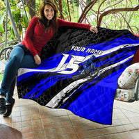Custom Blue Motocross Quilt with Dirt Bike Rider Graphic Design on Honeycomb Pattern - Wonder Print Shop