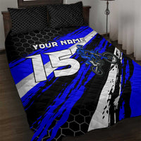 Custom Blue Motocross Quilt Bed Set with Dirt Bike Rider Graphic Design on Honeycomb Pattern - Wonder Print Shop