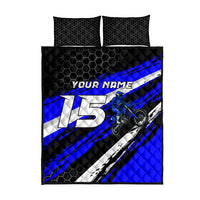 Custom Blue Motocross Quilt Bed Set with Dirt Bike Rider Graphic Design on Honeycomb Pattern - Wonder Print Shop