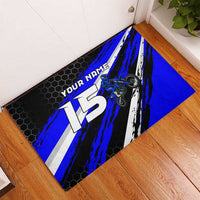 Custom Blue Motocross Rubber Doormat with Dirt Bike Rider Graphic Design on Honeycomb Pattern - Wonder Print Shop