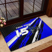 Custom Blue Motocross Rubber Doormat with Dirt Bike Rider Graphic Design on Honeycomb Pattern - Wonder Print Shop