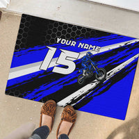 Custom Blue Motocross Rubber Doormat with Dirt Bike Rider Graphic Design on Honeycomb Pattern - Wonder Print Shop