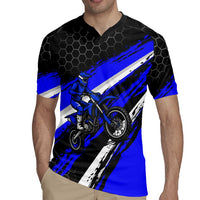 Custom Blue Motocross Rugby Jersey with Dirt Bike Rider Graphic Design on Honeycomb Pattern - Wonder Print Shop