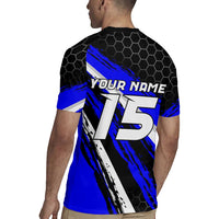 Custom Blue Motocross Rugby Jersey with Dirt Bike Rider Graphic Design on Honeycomb Pattern - Wonder Print Shop