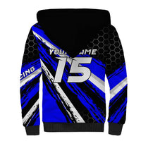 Custom Blue Motocross Sherpa Hoodie with Dirt Bike Rider Graphic Design on Honeycomb Pattern - Wonder Print Shop