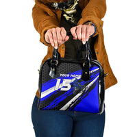 Custom Blue Motocross Shoulder Handbag with Dirt Bike Rider Graphic Design on Honeycomb Pattern - Wonder Print Shop