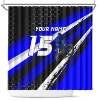 Custom Blue Motocross Shower Curtain with Dirt Bike Rider Graphic Design on Honeycomb Pattern - Wonder Print Shop