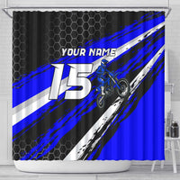 Custom Blue Motocross Shower Curtain with Dirt Bike Rider Graphic Design on Honeycomb Pattern - Wonder Print Shop