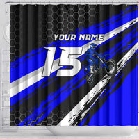 Custom Blue Motocross Shower Curtain with Dirt Bike Rider Graphic Design on Honeycomb Pattern - Wonder Print Shop