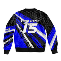 Custom Blue Motocross Sleeve Zip Bomber Jacket with Dirt Bike Rider Graphic Design on Honeycomb Pattern - Wonder Print Shop
