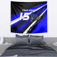Custom Blue Motocross Tapestry with Dirt Bike Rider Graphic Design on Honeycomb Pattern - Wonder Print Shop