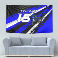 Custom Blue Motocross Tapestry with Dirt Bike Rider Graphic Design on Honeycomb Pattern - Wonder Print Shop