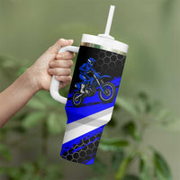 Custom Blue Motocross Tumbler With Handle with Dirt Bike Rider Graphic Design on Honeycomb Pattern - Wonder Print Shop