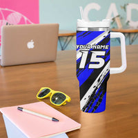 Custom Blue Motocross Tumbler With Handle with Dirt Bike Rider Graphic Design on Honeycomb Pattern - Wonder Print Shop
