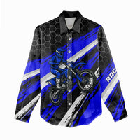 Custom Blue Motocross Women Casual Shirt with Dirt Bike Rider Graphic Design on Honeycomb Pattern - Wonder Print Shop