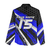 Custom Blue Motocross Women Casual Shirt with Dirt Bike Rider Graphic Design on Honeycomb Pattern - Wonder Print Shop