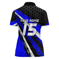 Custom Blue Motocross Women Polo Shirt with Dirt Bike Rider Graphic Design on Honeycomb Pattern - Wonder Print Shop