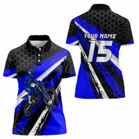 Custom Blue Motocross Women Polo Shirt with Dirt Bike Rider Graphic Design on Honeycomb Pattern - Wonder Print Shop