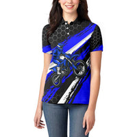 Custom Blue Motocross Women Polo Shirt with Dirt Bike Rider Graphic Design on Honeycomb Pattern - Wonder Print Shop