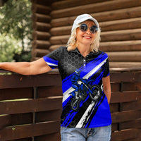 Custom Blue Motocross Women Polo Shirt with Dirt Bike Rider Graphic Design on Honeycomb Pattern - Wonder Print Shop