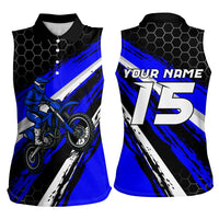 Custom Blue Motocross Women Sleeveless Polo Shirt with Dirt Bike Rider Graphic Design on Honeycomb Pattern - Wonder Print Shop