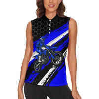 Custom Blue Motocross Women Sleeveless Polo Shirt with Dirt Bike Rider Graphic Design on Honeycomb Pattern - Wonder Print Shop