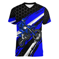 Custom Blue Motocross Women V-Neck T-Shirt with Dirt Bike Rider Graphic Design on Honeycomb Pattern - Wonder Print Shop