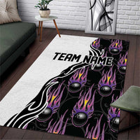 Custom Bowling Team Graphic Area Rug with Flaming Ball Design in Black White and Purple Flame Pattern - Wonder Print Shop