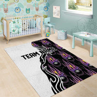 Custom Bowling Team Graphic Area Rug with Flaming Ball Design in Black White and Purple Flame Pattern - Wonder Print Shop