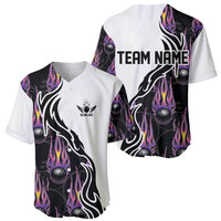 Custom Bowling Team Graphic Baseball Jersey with Flaming Ball Design in Black White and Purple Flame Pattern - Wonder Print Shop
